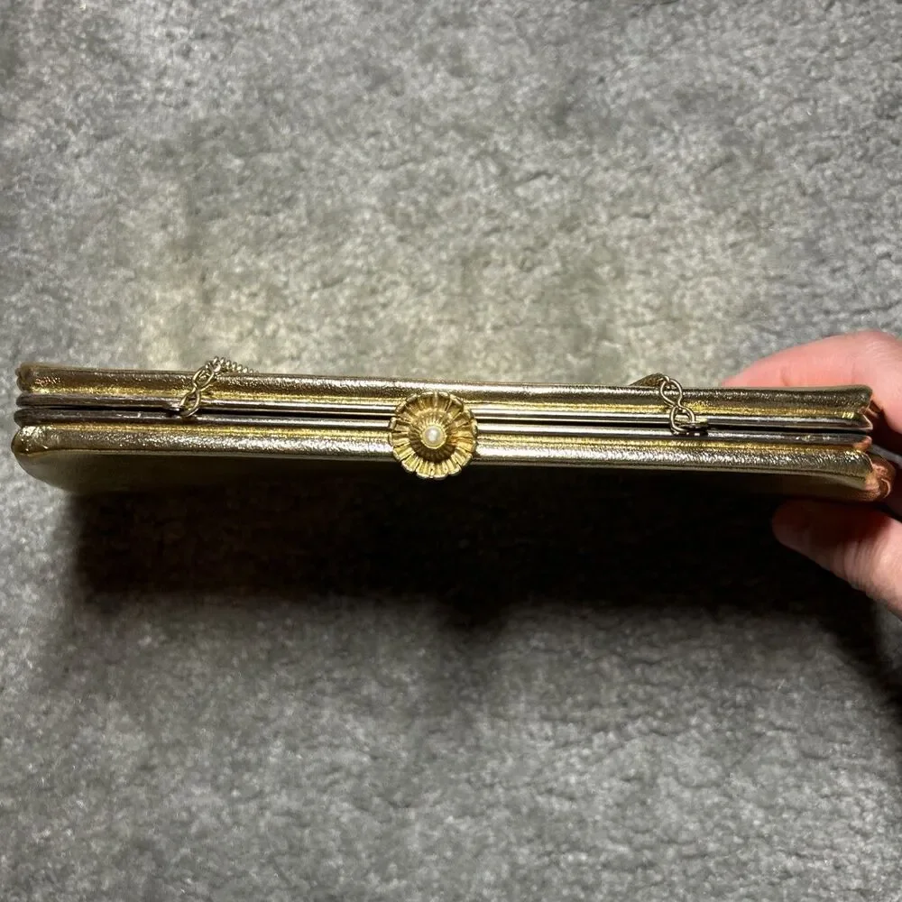Vintage Gold Metallic Clutch Purse Evening Bag Chain Strap Satin Lined 50’s 60’s - Picture 2 of 16